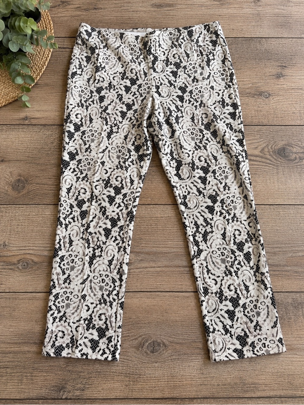 Chico's Black and Cream Lace-Print Straight Leg Pants